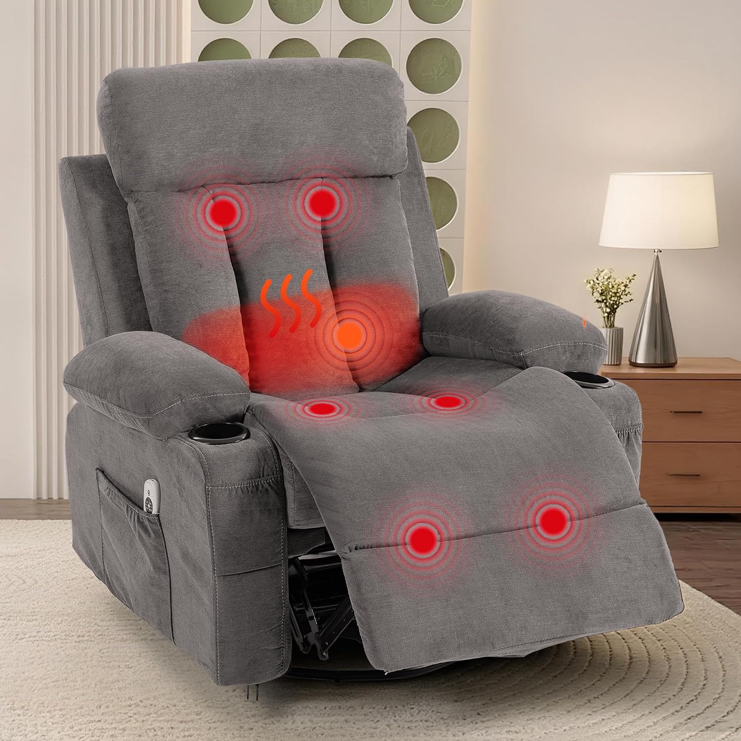 Swivel Recliner Chair for Adults w/Vibration Massage and Heating, 360° Rocker Glider Recliner w/Cup Holder and USB Charge Port for Living Room, Bedroom, Grey