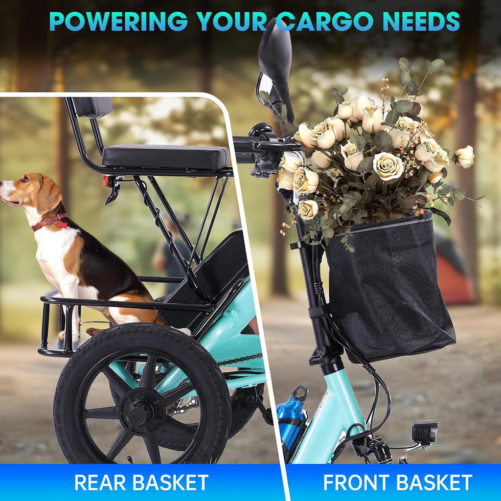 E Trike Electric Bike, 350W(Peak 500W) Brushless Motor Folding Trike, 2 Seats Ebike, 480Wh Removable Battery, Step-Thru 3 Wheel Electric Bicycle, Up to 45 Miles, Tricycle for Adults Parents