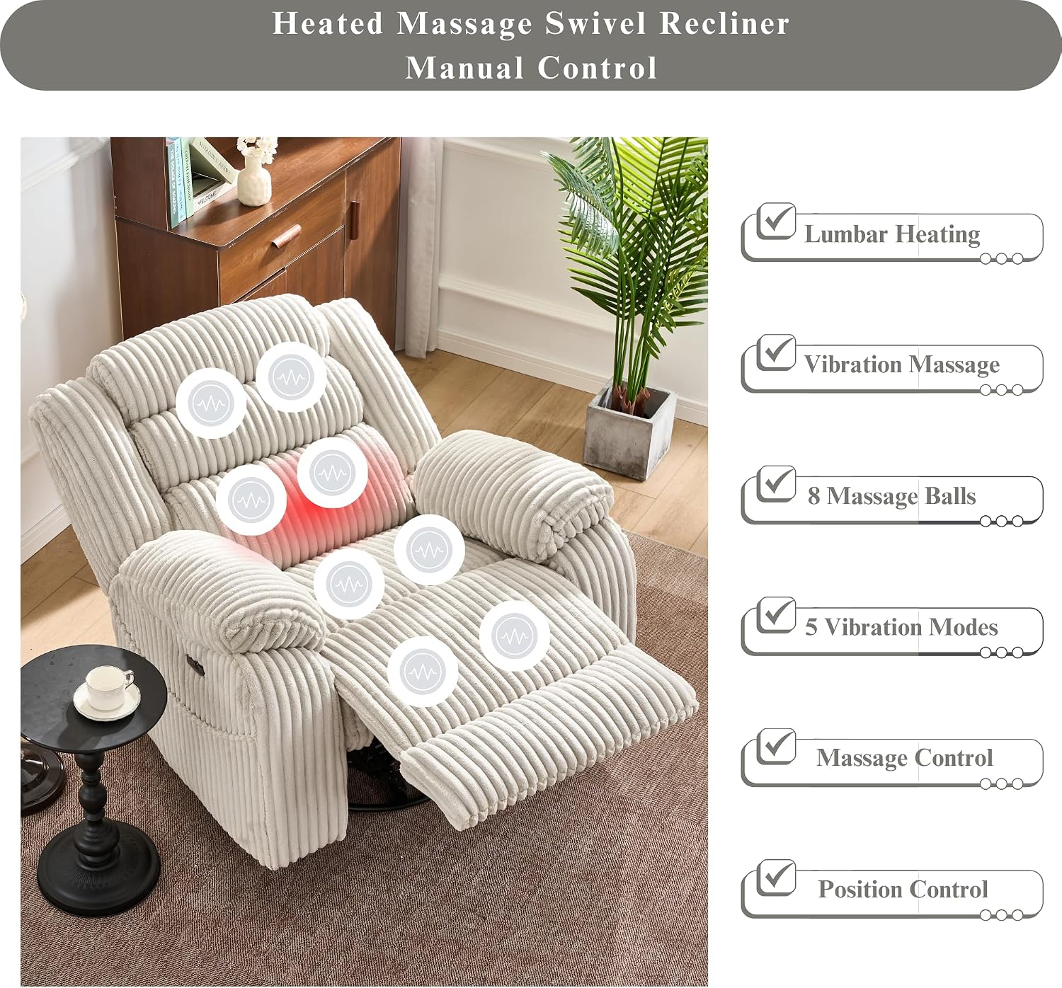 JUUXO Extra Wide Power Swivel Rocker Recliner for Adults with Heat Massage, USB & Type-C Charging, Electric Glider Rocking Chair for Living Room Nursery Bedroom Office