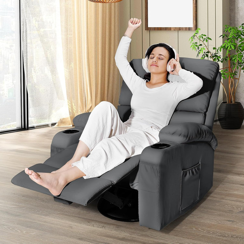 LEVELEVE Rocking Recliner Chair, Massage Rocker Recliner Chair with Vibration Massage and Heat, USB and Type-C Ports,360° Swivel Faux Leather Chairs, Living Room, Bedroom, Nursery, RV, Dark Grey