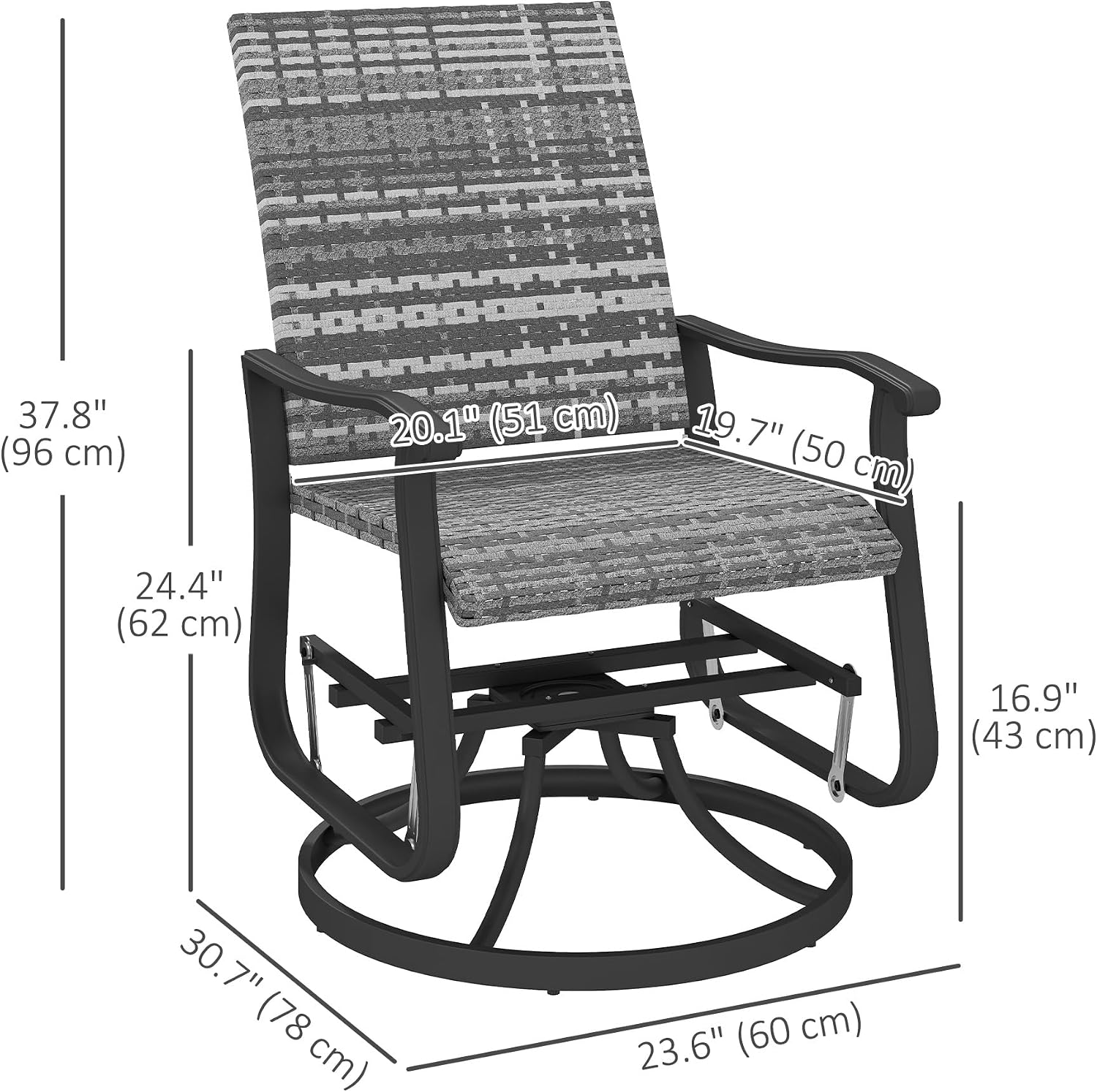 Outsunny Patio Glider Chair Set of 2, Wicker Rattan Outdoor Swivel Chair with Steel Frame, High Back, Armrests, Porch Glider with Adjustable Foot Pads for Garden, Lawn, Backyard, Gray
