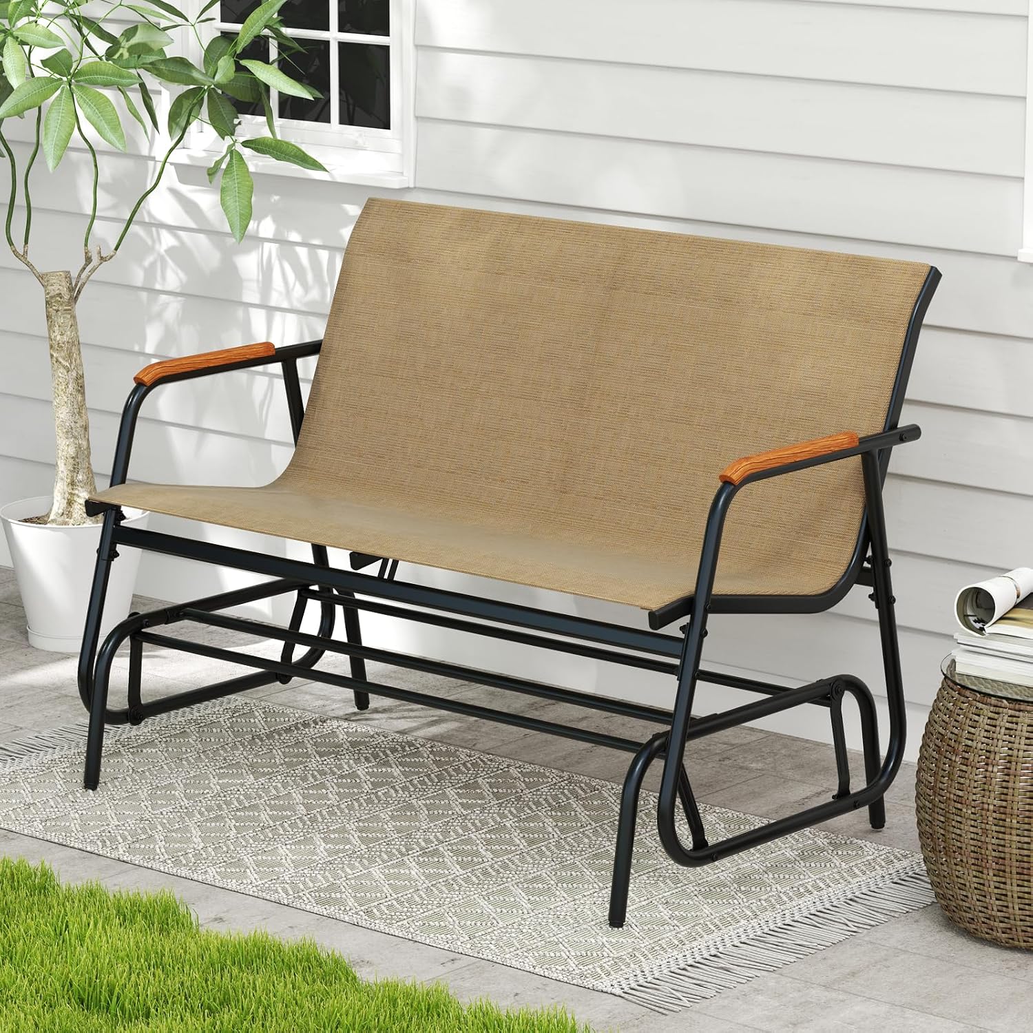 Giantex Patio Glider Bench, 2-Person Swing Gliding Loveseat with Curved Teak Armrests, Fabric Seat, Metal Frame, Load 660lbs, Outdoor Rocking Chair for Porch, Yard, Poolside (29'x45'x33')