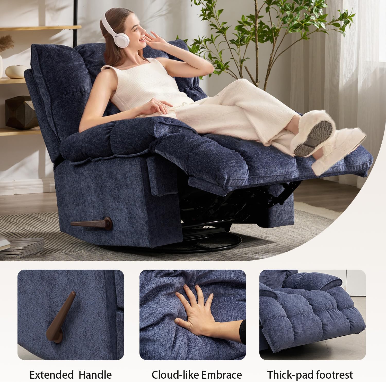 SITJOY Oversized Power Swivel Rocker Recliner Chair, Overstuffed Extra Wide Rocking Chair for Big and Tall, Glider Recliner Nursery Chair, Soft Breathable Fabric in Dark Blue, Manual
