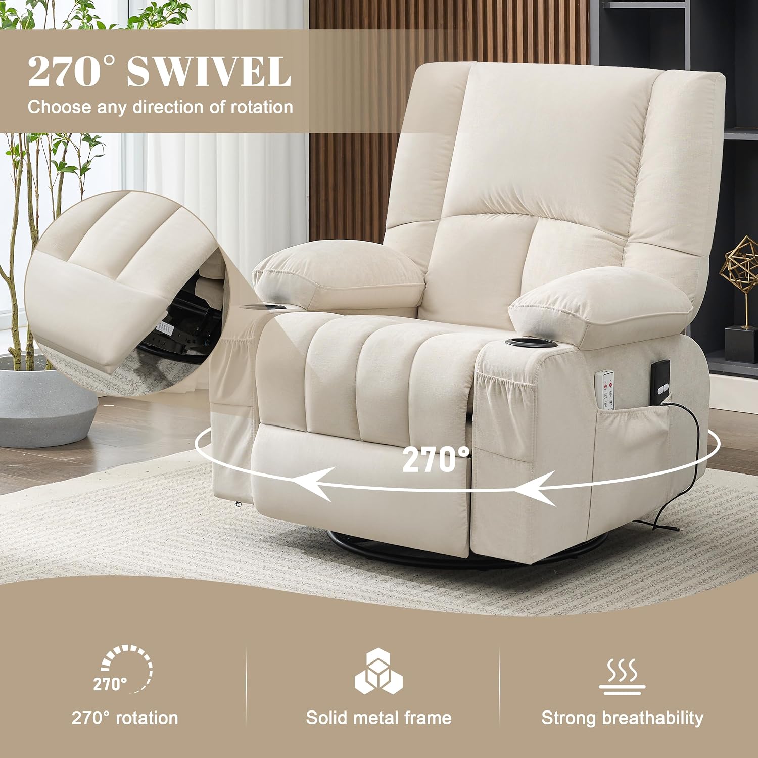 Oversized Recliner Chairs for Adults, Swivel Rocker Recliner with Heat and Massage Lazy Boy Recliner, Recliner Chairs Single Sofa Seat with Cup Holders (Beige, Electric)
