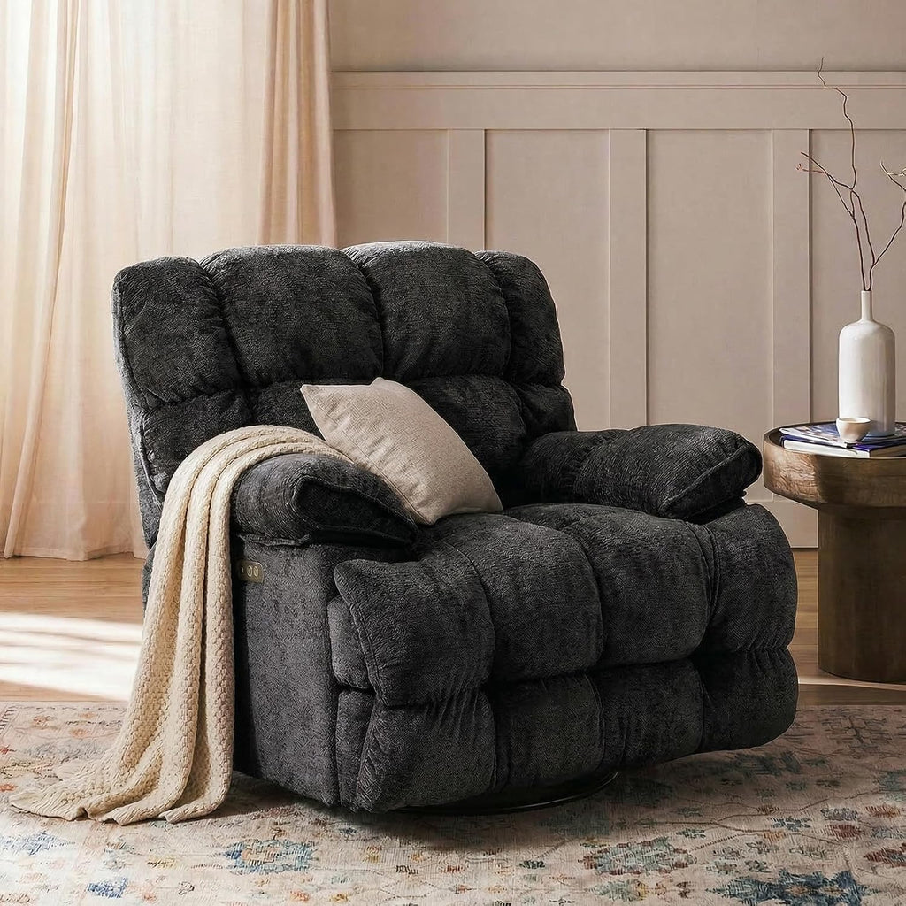 GINGO Power Oversized Recliner Chair, Extra Wide Swivel Rocking Recliner Chair, Breathable Soft Fabric Modern Single Sofa for Living Room, 90°-140° Electric Adjustable Angle, USB & Type-C Port, Black