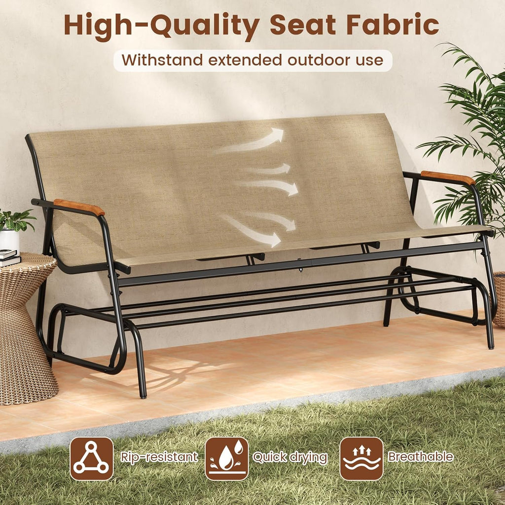 Giantex Patio Glider, 3-Person Swing Gliding Loveseat with Curved Teak Armrests, Fabric Seat, Metal Frame, Load 990lbs, Outdoor Rocking Chair for Porch, Yard, Poolside (29'x66.5'x33')