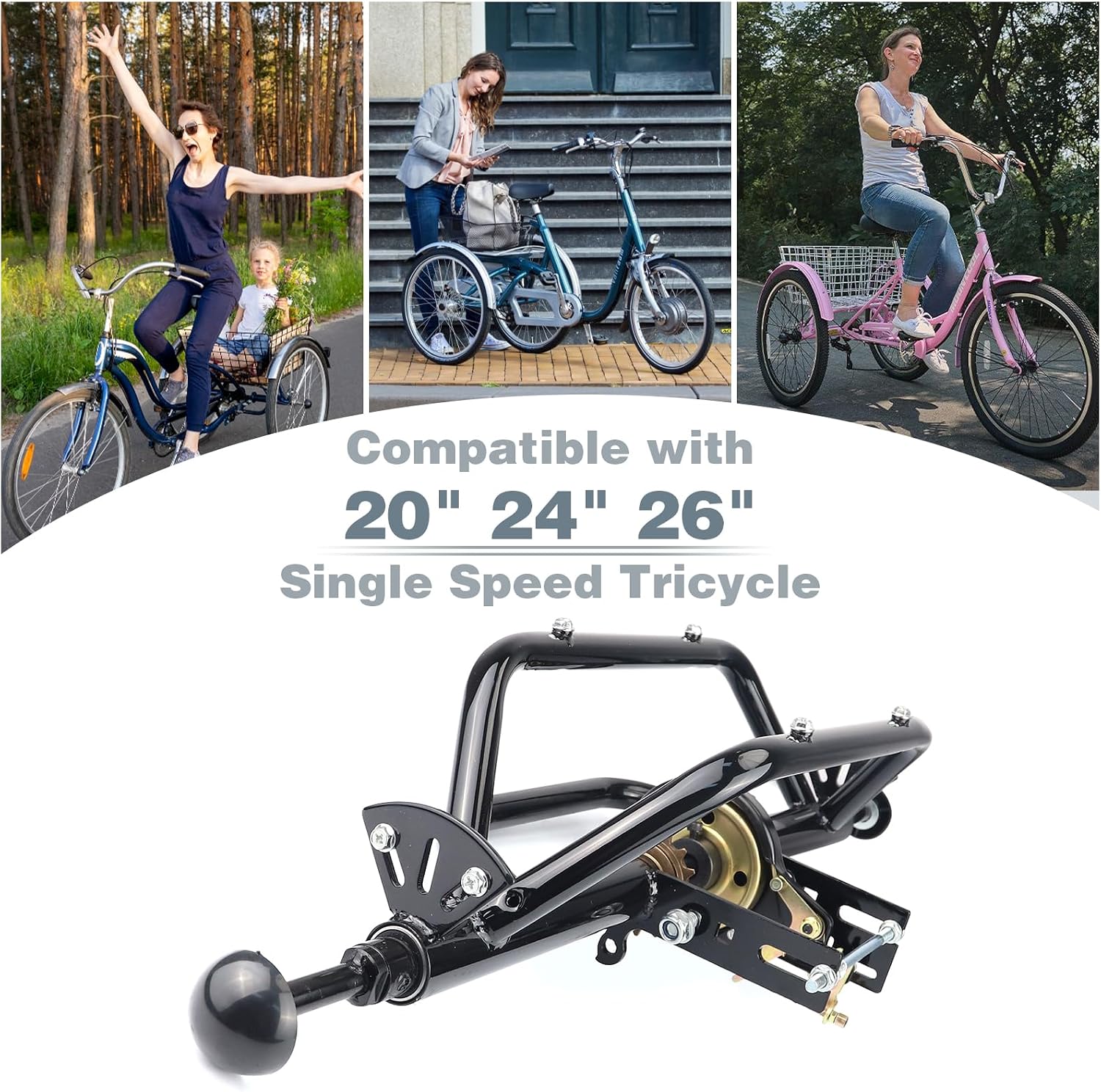 WEEROCK 20' 24' 26' Tricycle Rear Axle Tricycle Conversion Kit Single Speed/ 7 Speeds for 20 24 26 Inch Adult Tricycle, Trike, 3 Wheel Bikes，Black
