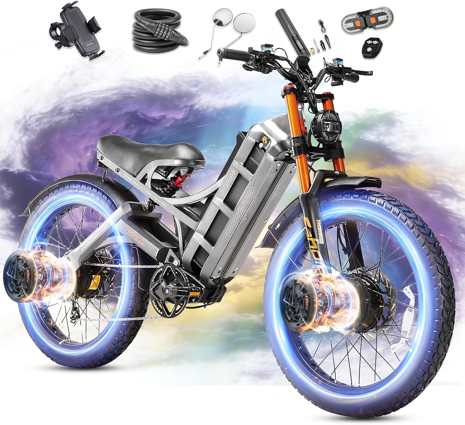 eAhora 2026 Romeo Pro3/2 50/46Mph Ebike 5600/4000W Dual Motor 200+Miles Electric Bike for Adults, 52V/70Ah 60V/80Ah Long Range 26 * 4.0' Fat Tire Full Suspension Electric Mountain Bike