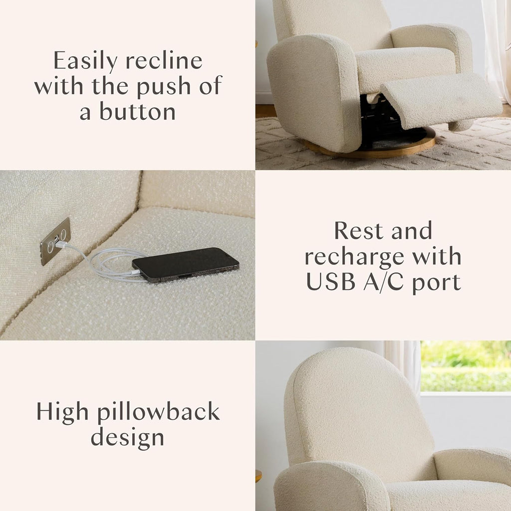 Babyletto Nami Electronic Power Recliner and Swivel Glider with USB Port in Ivory Boucle with Light Wood Base, Greenguard Gold and CertiPUR-US Certified