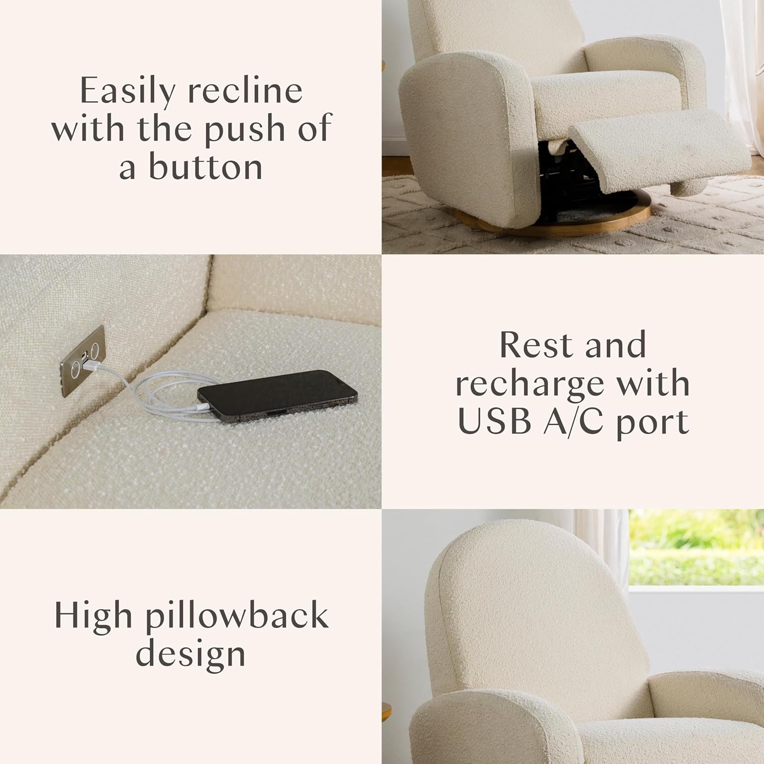 Babyletto Nami Electronic Power Recliner and Swivel Glider with USB Port in Ivory Boucle with Light Wood Base, Greenguard Gold and CertiPUR-US Certified
