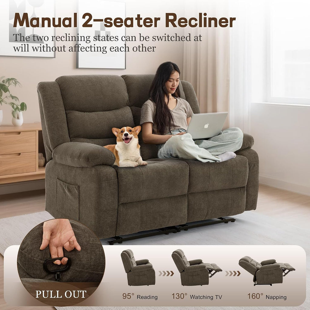 Korser Loveseat Recliner Sofa for RV Furniture and Theater Seating, Wall Hugger Loveseat Recliner, Oversized Loveseats Couch with Front Porckets&Side Pockets, Fabric, Brown