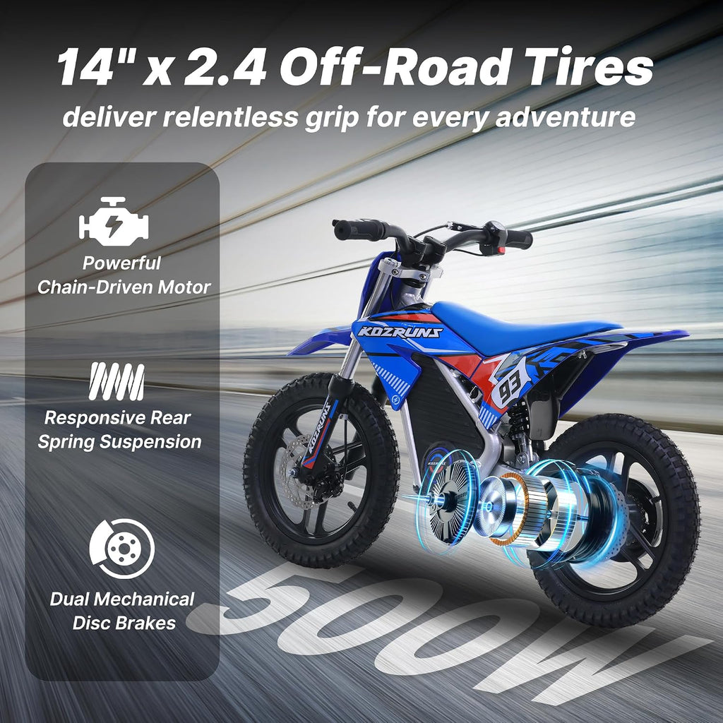 AIII 36V Electric Dirt Bike for Kids 5-10, High Performance 350W Racing Grade Motorcycle, Up to 18.6MPH, 3 Speed Settings, 14-Inch Off-Road Tires, Dual Disc Brakes & Advanced Shock Absorption, Blue