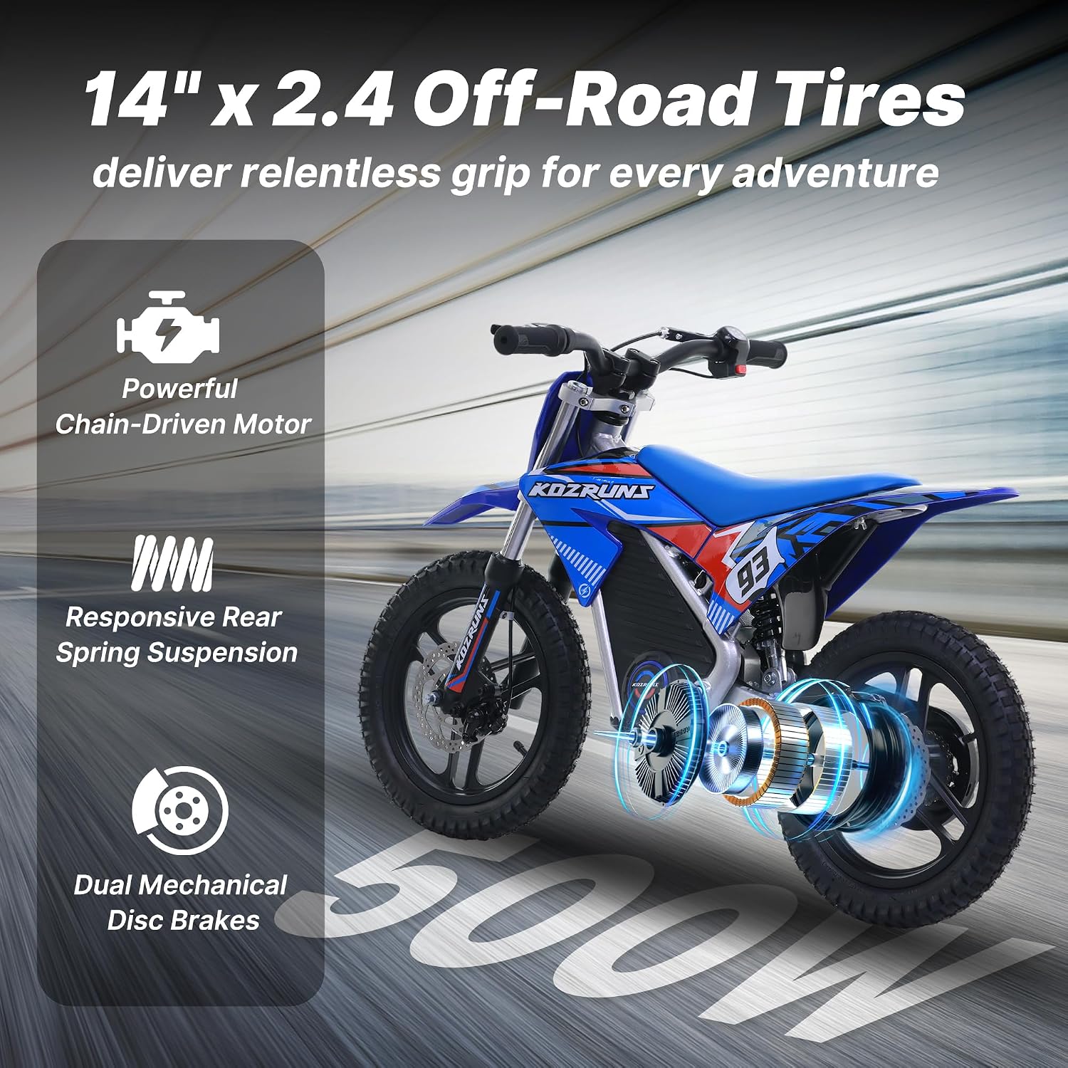 AIII 36V Electric Dirt Bike for Kids 5-10, High Performance 350W Racing Grade Motorcycle, Up to 18.6MPH, 3 Speed Settings, 14-Inch Off-Road Tires, Dual Disc Brakes & Advanced Shock Absorption, Blue