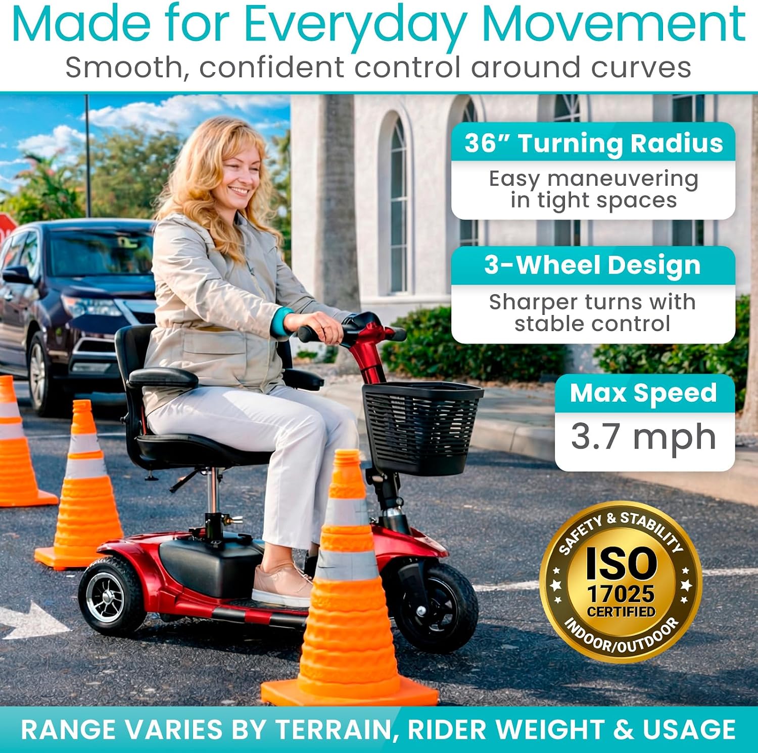 Vive 3 Wheel Mobility Scooter - Electric Powered Mobile Wheelchair Device for Adults - Folding, Collapsible and Compact for Travel - Long Range Power Extended Battery with Charger and Basket Included