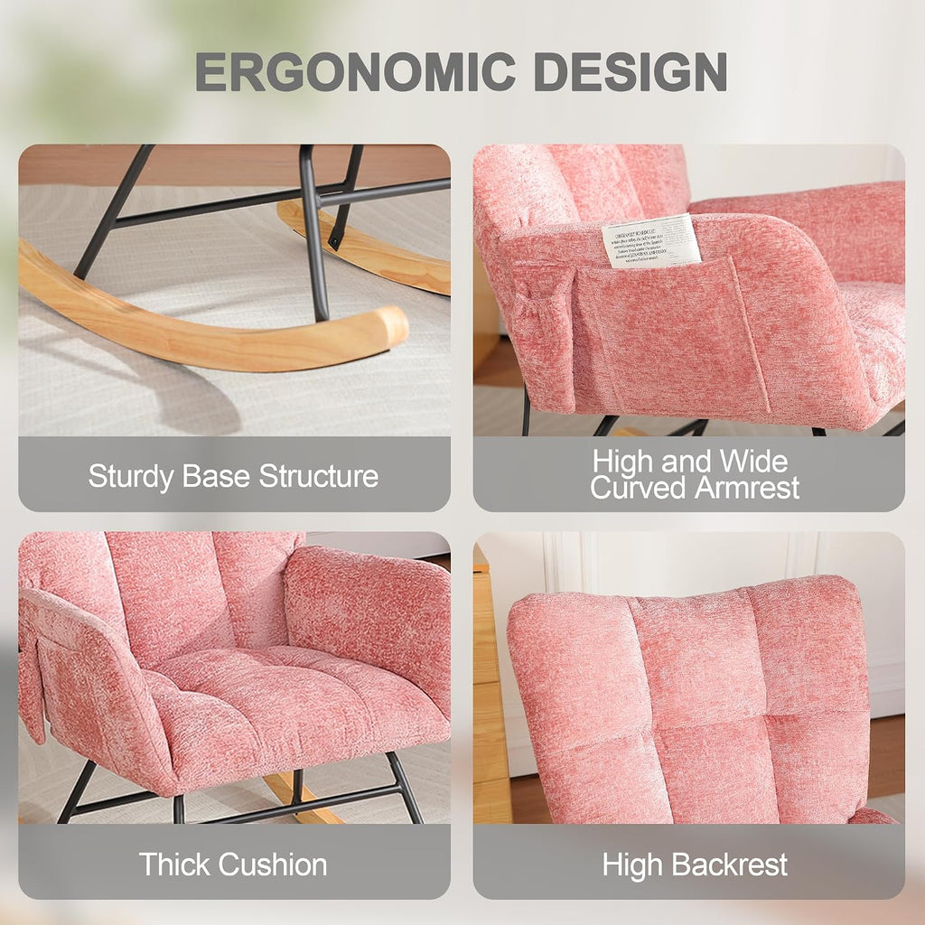 Rocking Chair Nursery, Nursery Rocking Reading Chair Indoor, Cozy Upholstered Glider Rocker Chairs for Living Room Bedroom, Sillas Mecedoras (Chenille, Pink)