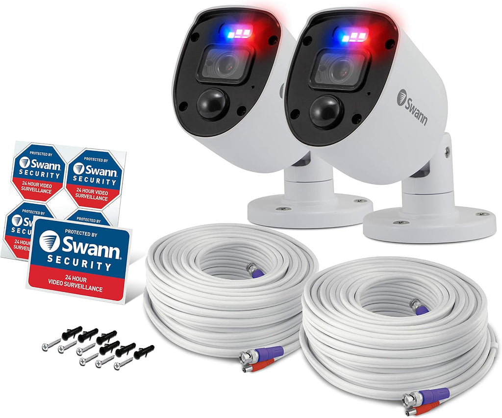 Swann Security outdoor 1080p Full HD Flashing Lights Bullet Analogue CCTV Camera - 2 Pack, White, Motion Only