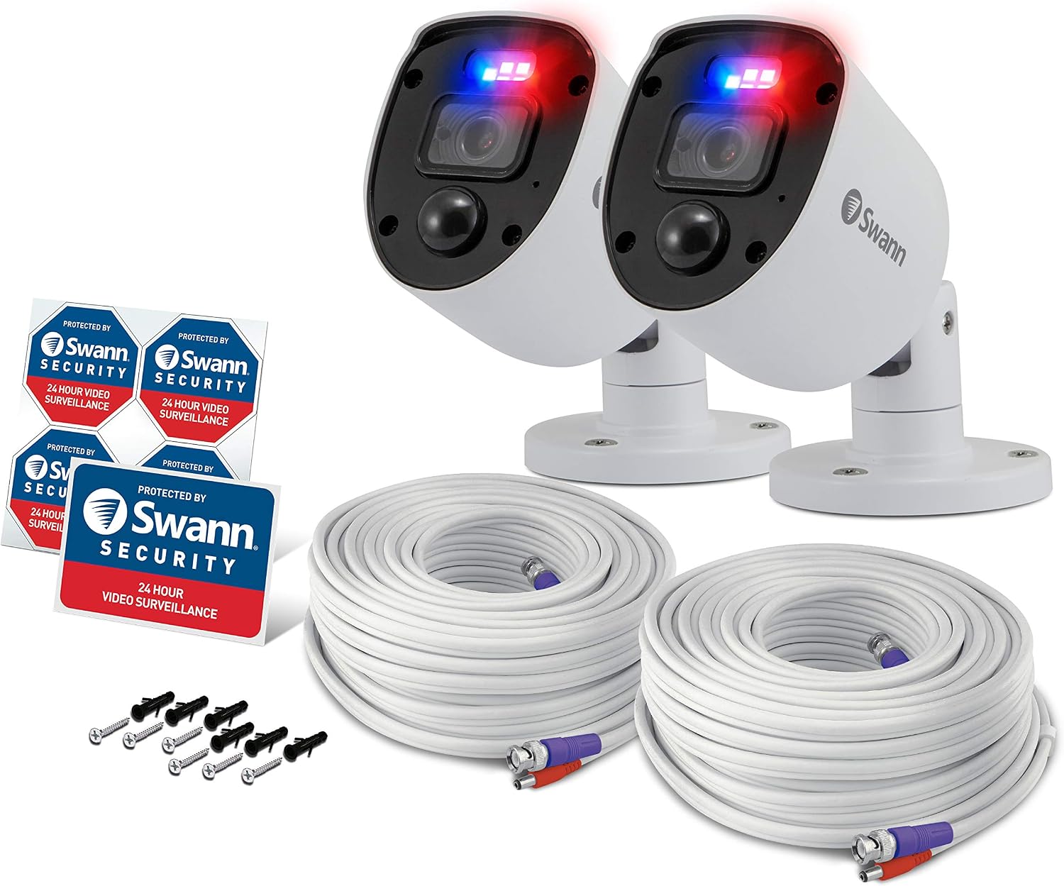 Swann Security outdoor 1080p Full HD Flashing Lights Bullet Analogue CCTV Camera - 2 Pack, White, Motion Only