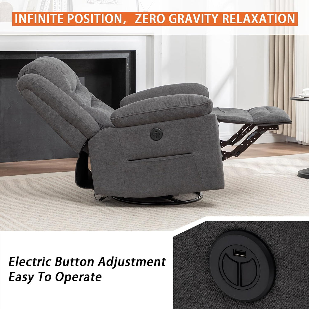 Ketaiyou Power Swivel Rocker Recliner with Massage and Heat, USB Port, Infinite Position, Oversized Electric Glider Rocking Chairs Living Room, Soft Fabric Reclining Sofa Chair (Dark Grey Fabric)