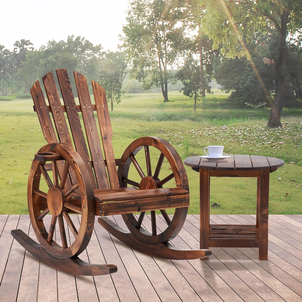 AHB Outdoor Wooden Rocking Chairs Set, Wagon Wheel Armrest Yard Glider Patio Chair with Small Table for Coffee Break, Adirondack Rocking Chair for Summer Lawn Garden Balcony, Brown (2 PCS)