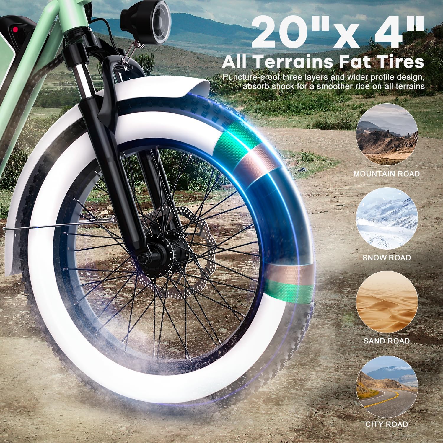 1450W Peak Bike with 48V 20AH Removable Battery, 20'x 4' Fat Tires 35MPH Electric Bike for Adults, 80 Miles Max Range Cargo Ebike 2 Seater Electric Bicycle Green with Safety Seat