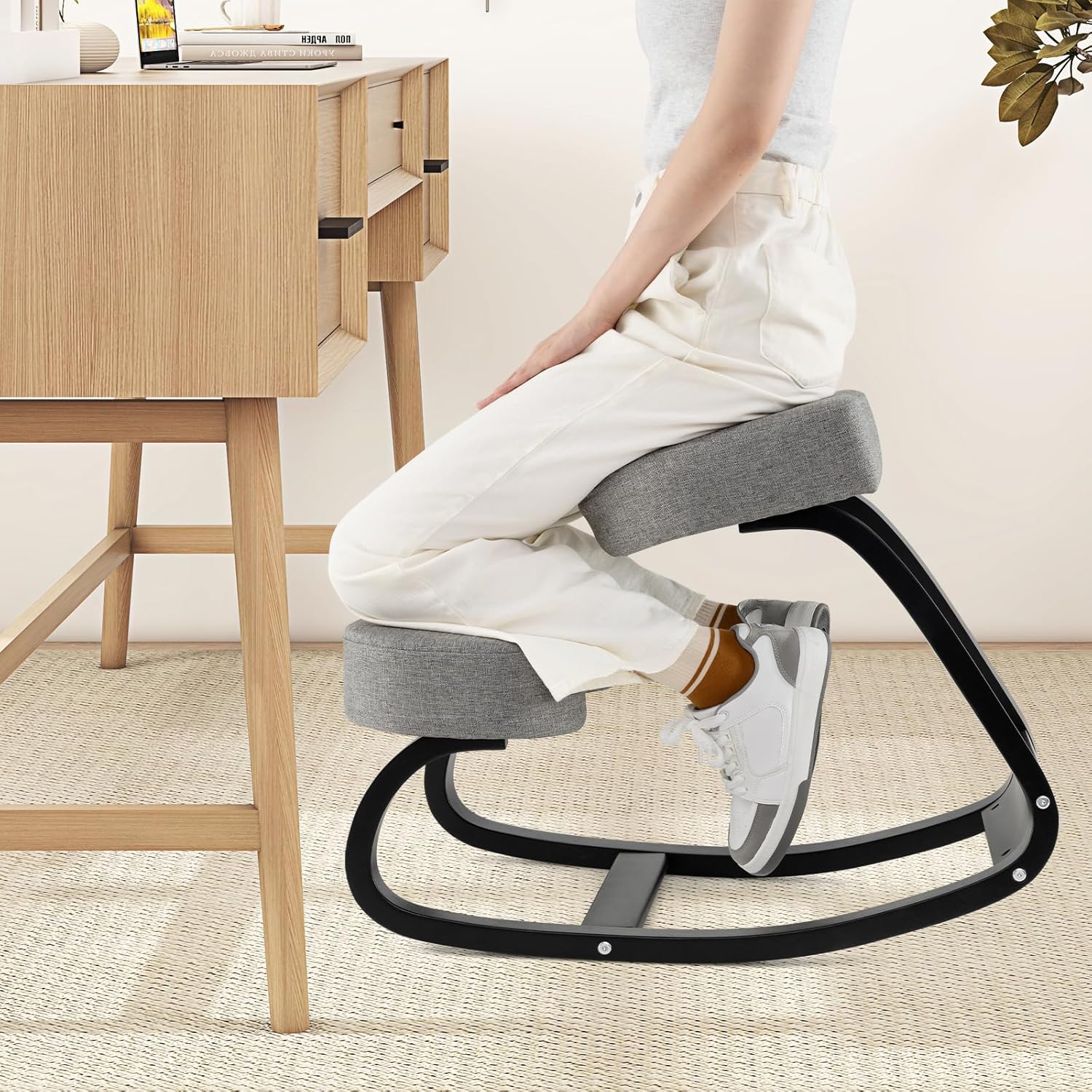 Giantex Ergonomic Kneeling Chair, Rocking Posture Chair with Padded Cushion, Knee Chair for Back Neck Pain Relief, Wooden Kneeling Desk Chair for Home Office