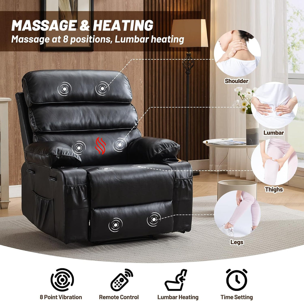 PU Leather Extra Wide Manual Recliner for Adults with Massage and Heat, Large Lazy Chair with 1.5X Sponge Comfort Arm and Back for Living Room, Bedroom