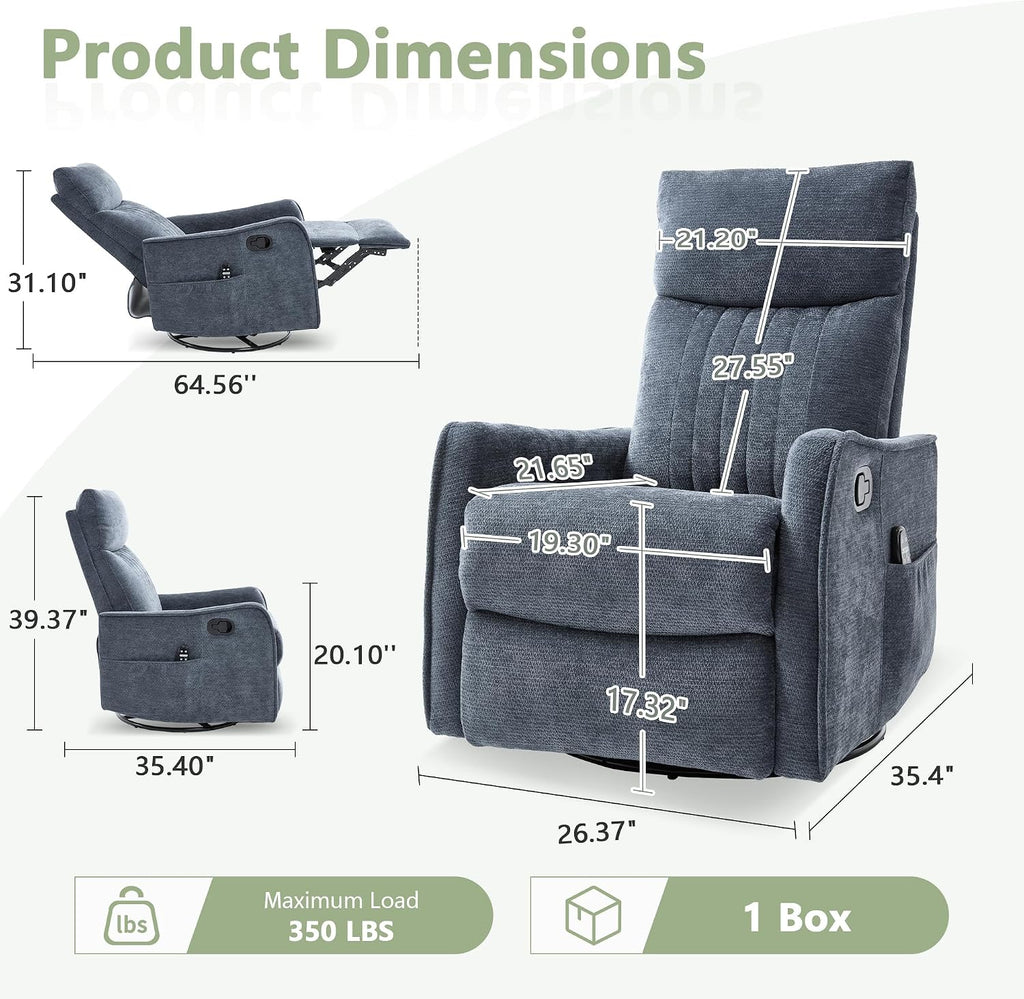 cinkehome Heated Massage Swivel Rocker Recliner Chair for Nursery - Small Space Reclining Chair with Lumbar Support, 360° Swivel & Gentle Rocking, Ergonomic High Back Chenille Fabric Blue