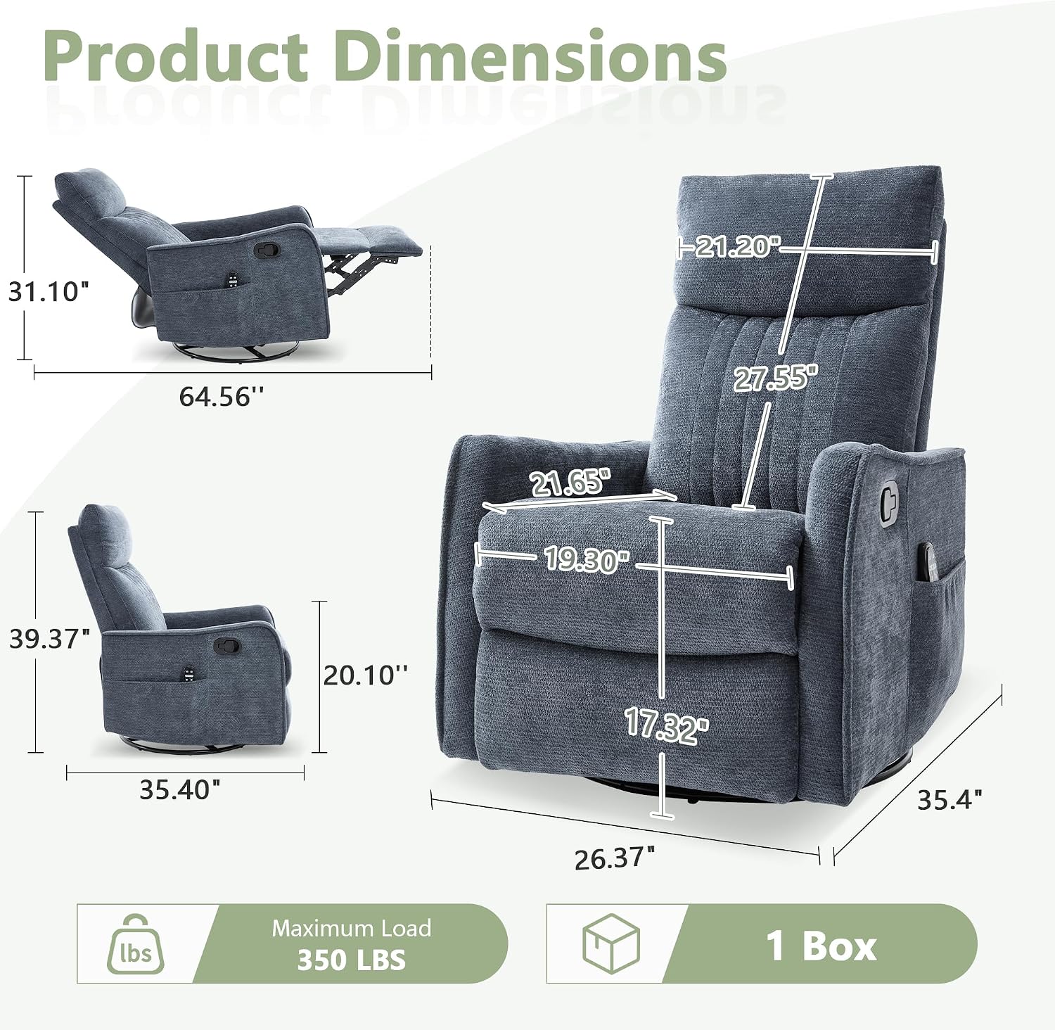 cinkehome Heated Massage Swivel Rocker Recliner Chair for Nursery - Small Space Reclining Chair with Lumbar Support, 360° Swivel & Gentle Rocking, Ergonomic High Back Chenille Fabric Blue