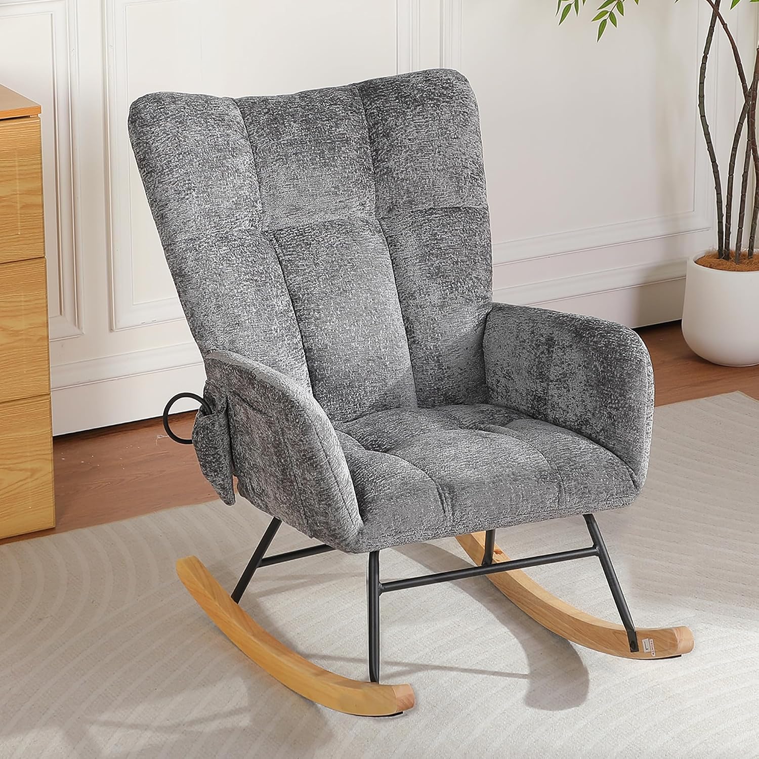 Rocking Chair Nursery with Airbag, Comfy Nursery Rocking Reading Chair Indoor, Cozy Upholstered Glider Rocker Chairs for Living Room Bedroom Offices, Sillas Mecedoras(Chenille, Dark Grey)
