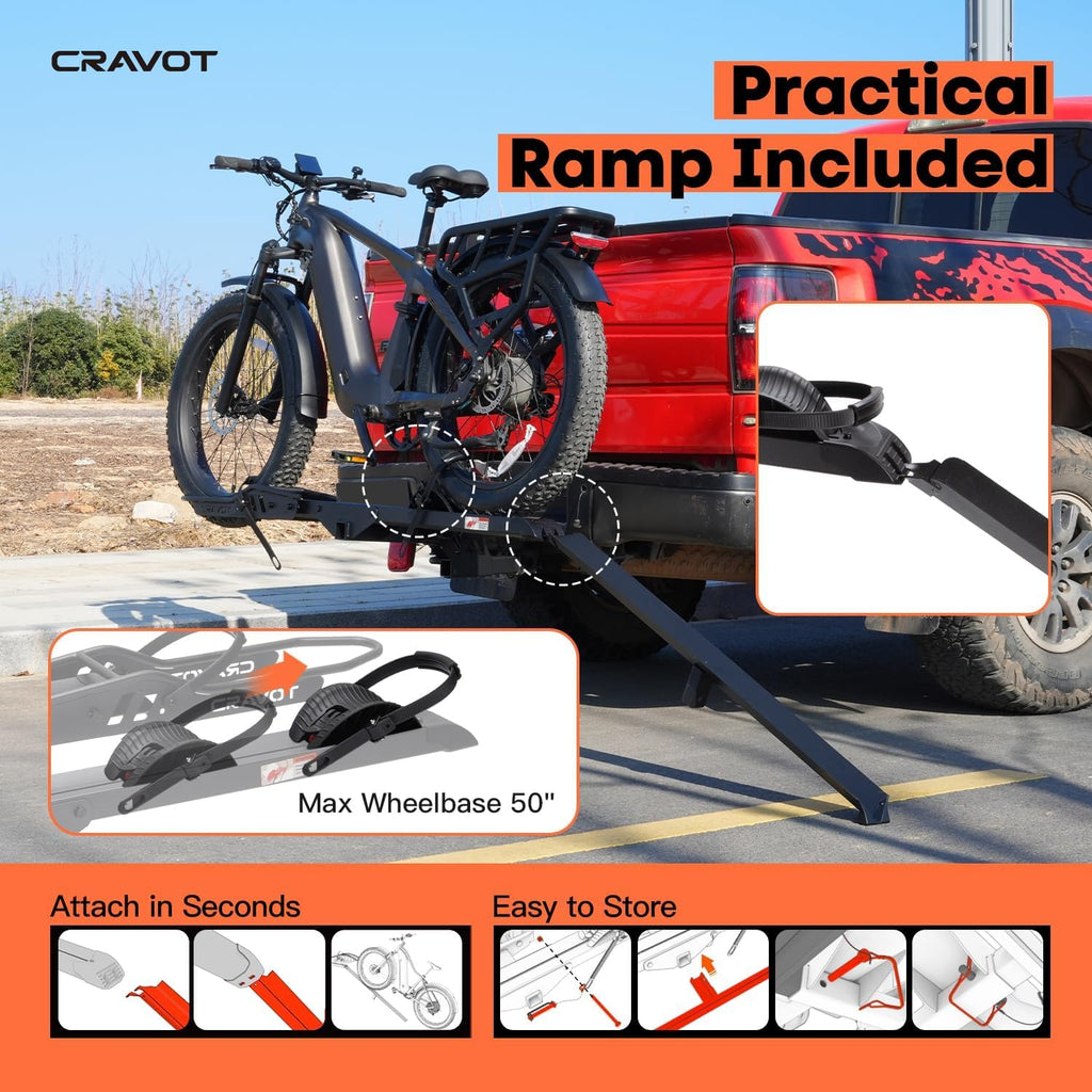 CRAVOT CyberRack E1 Electric Bike Rack, 100 lbs Capacity Foldable E Bike Racks for Tow Hitch Heavy Electric Bike Carrier for 1 E-Bike, Up to 5-inch Fat Tire 2'' Receiver w/Lock