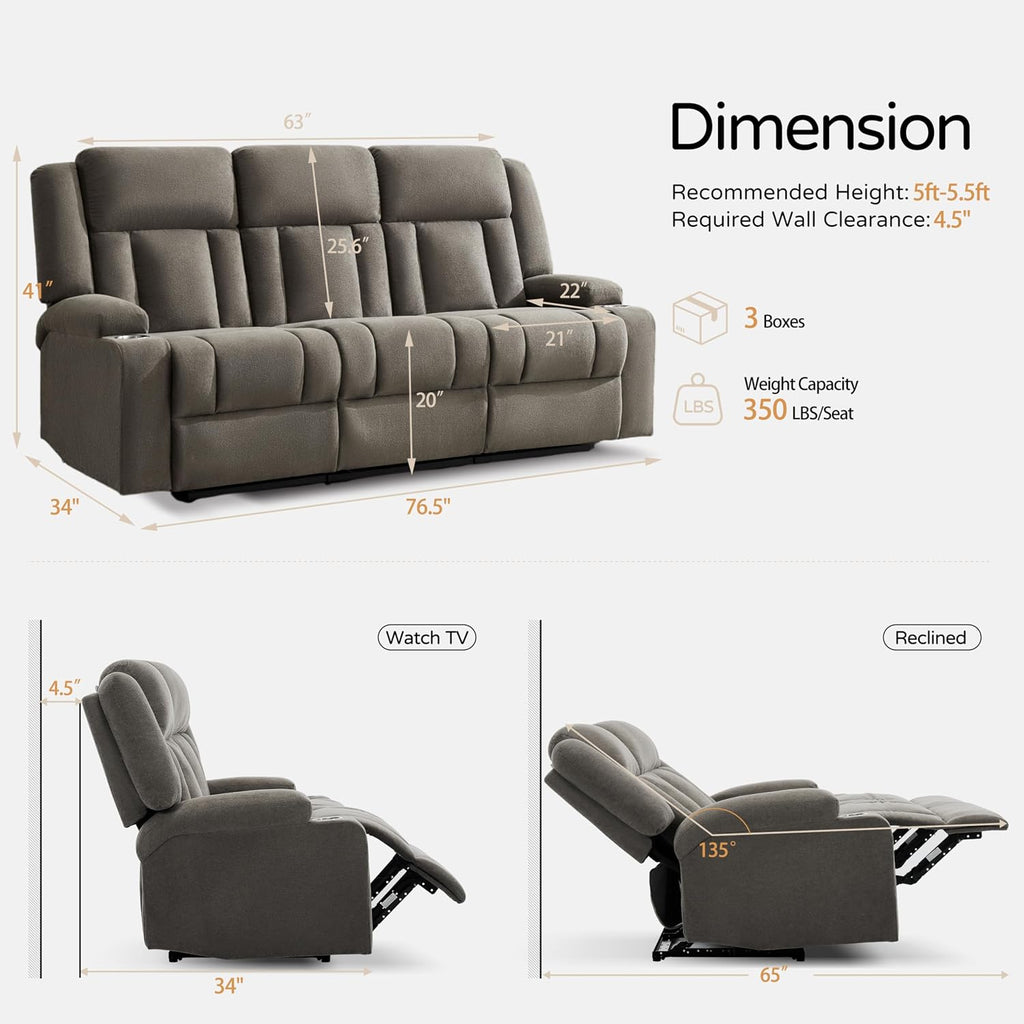 Recliner Sofa with Cup Holders, 3-Seater Fabric Reclining Couch, Manual Recliner Wall Hugger for Living Room, Home Theater, Small Spaces (Light Brown)