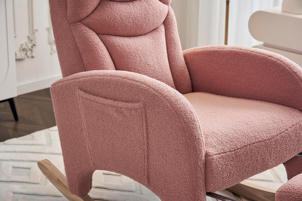 Rocking Chair with Foot Rest, Nursery Glider Teddy Gliding Rocking Chair with Retractable Footrest Rubber Wood Legs Side Pocket High Back & Wide Seat Nursing Chair for Living Room (Pink)