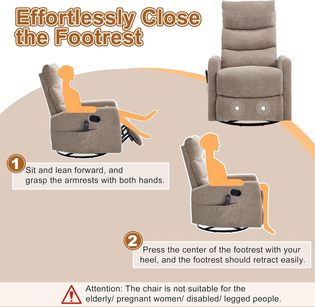 Manual Swivel Rocker Recliner Chair for Adults, Overstuffed Reclining Glider Chair for Nursing with Vibration Massage & Heat, Living Room Rocking Recliner 3-Stage backrest, Chenille Fabric Khaqi