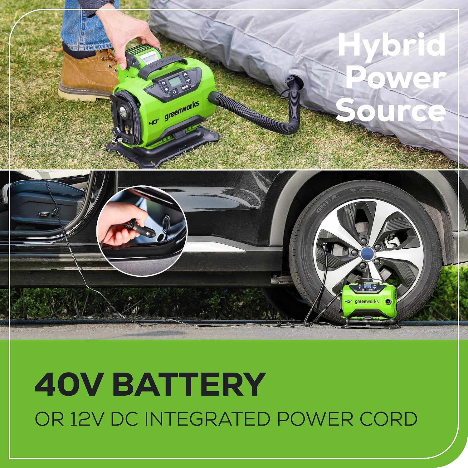 Greenworks 40V Cordless Tire Inflator, 160 PSI Portable Air Compressor, 2 Power Sources, Auto Shut Off, for Car, Bicycle, Motorcycle, Air Boat, Inflatables, Tool Only