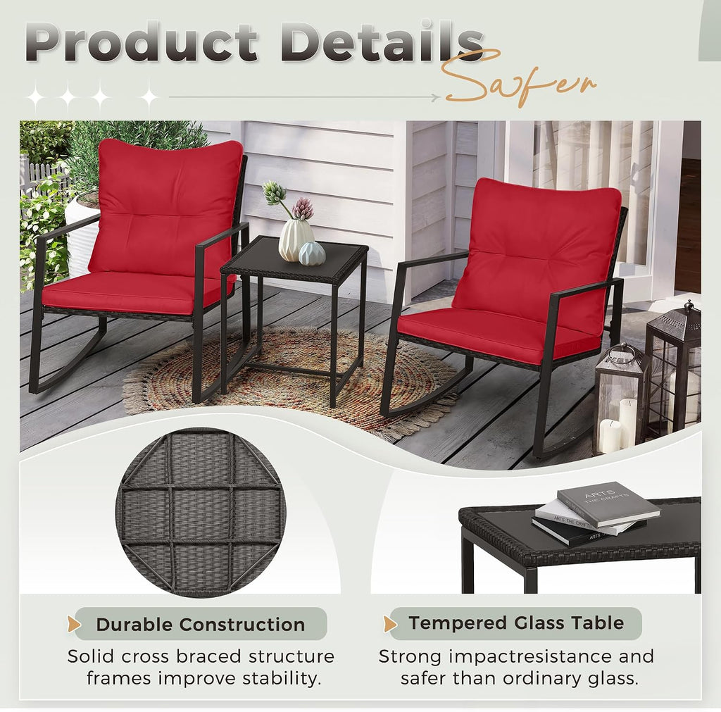 SUNCROWN 3 Piece Outdoor Rocking Bistro Set Black Wicker Furniture Porch Chairs Conversation Sets with Glass Coffee Table, Red