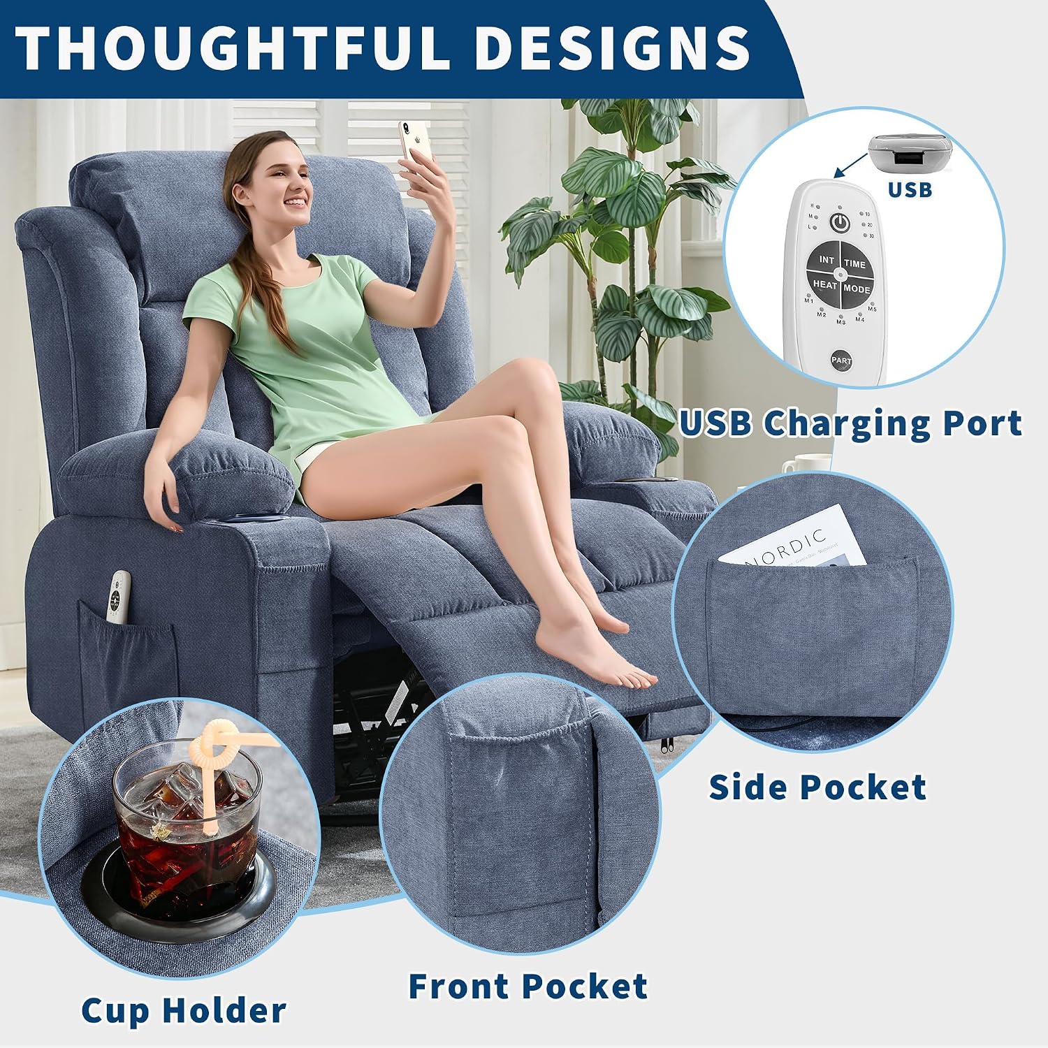 Oversized Swivel Rocker Recliner Chair with Heat & Massage, 3-Position Adjustable Nursery Recliner for Adults, Dual Cup Holders, Side Pockets, USB Charging Ports Blue