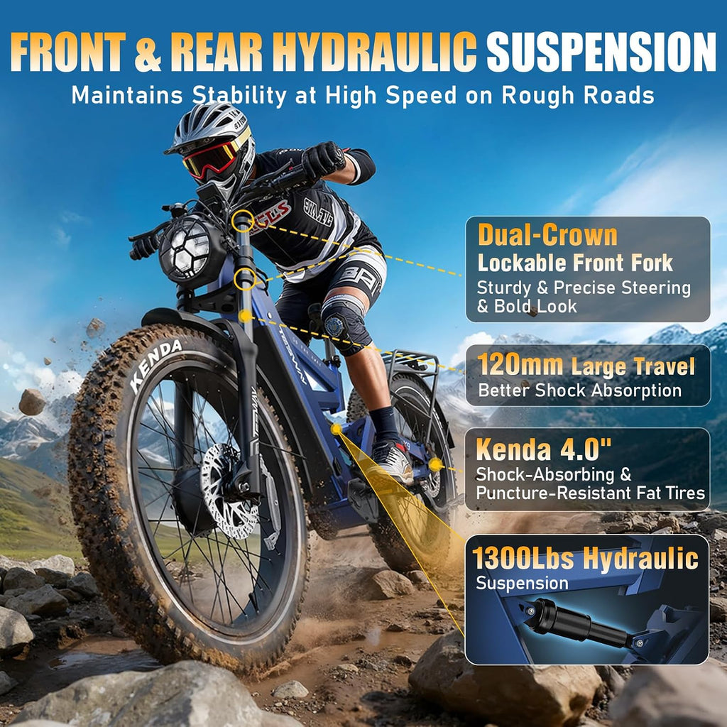TESWAY X9 Ultra Dual Motor Ebike, 26' Fat Tire Full Suspension AWD Electric Bike for Adults, 4000W 43MPH 240NM, 60V 30Ah(Camo)/25Ah(Other) 120 Miles Long Rang