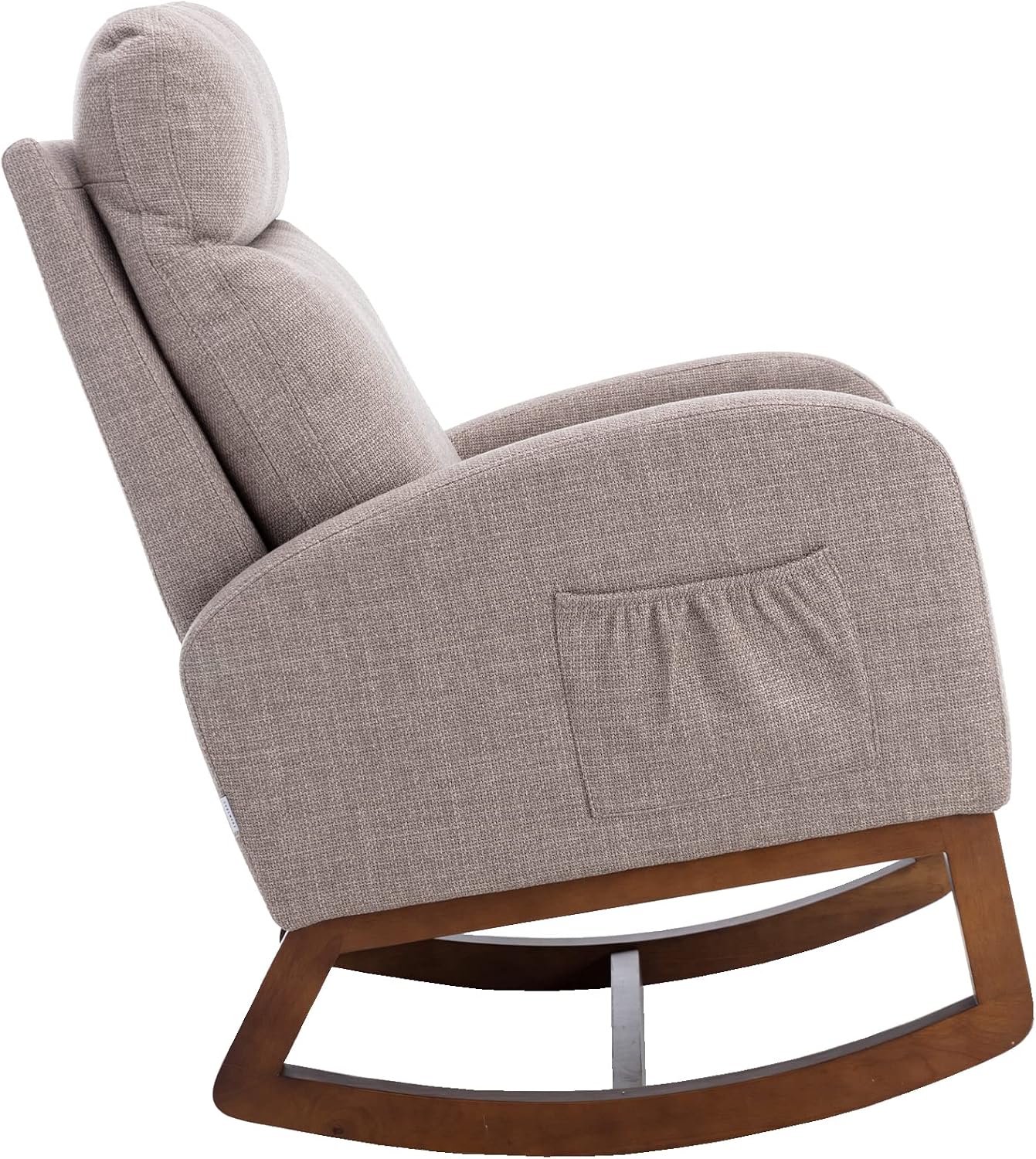 Modern Rocking Chair with Breathable Yellow Linen & Solid Wood Legs - Recliner Glider Armchair Featuring Side Pocket, High Back Support for Nursery, Living Room, Bedroom (Grey)