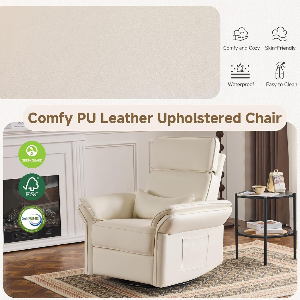 MELLCOM Power Recliner Rocking Chair Nursery Gliders with Adjustable Armrests and Headrest, Swivel Electric Glider Reclining Nursing Chair with Storage Bags and USB Port, FSC Certified(Beige Leather)
