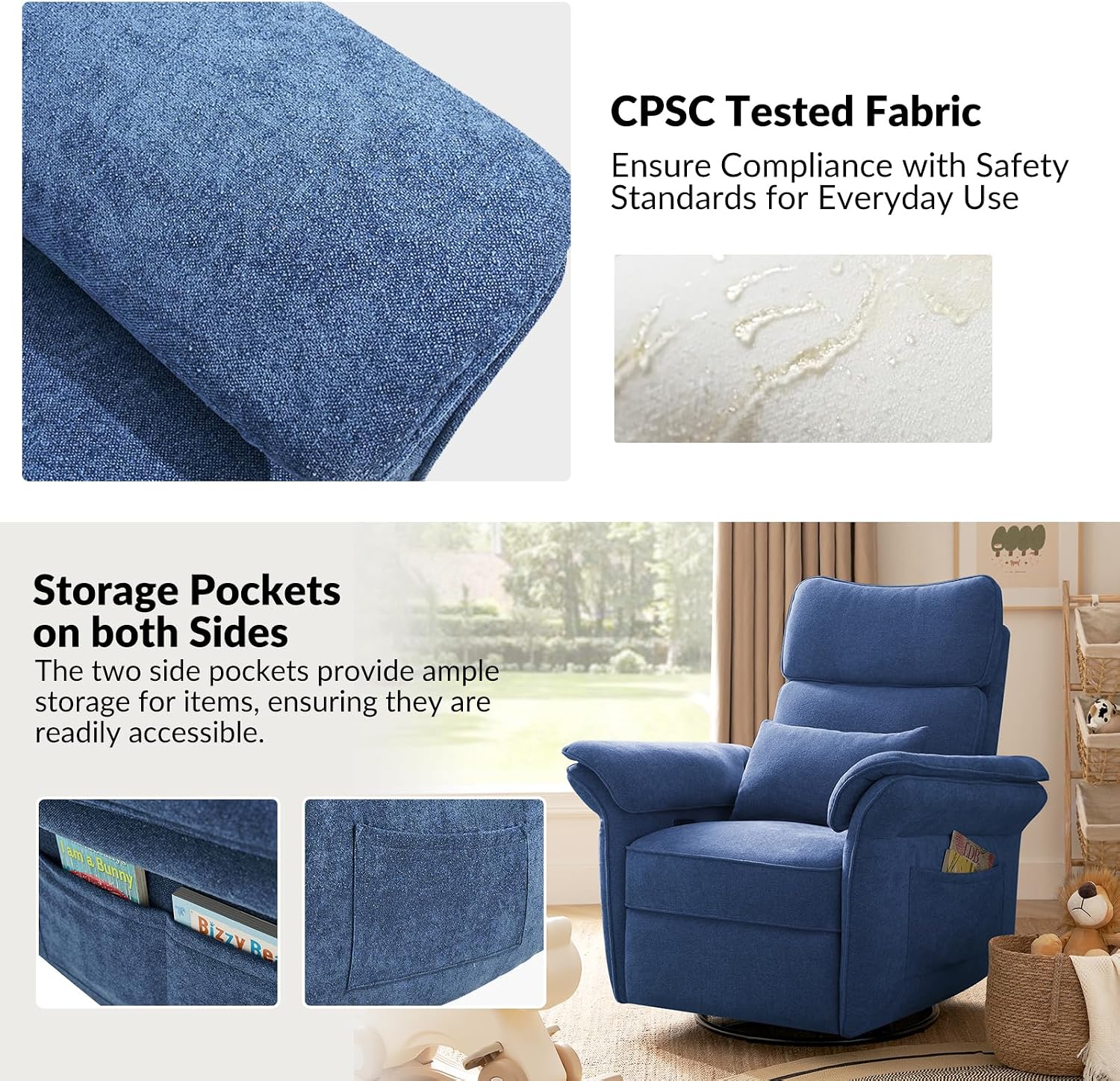 HULALA HOME Nursery Glider Recliner with Adjustable Headrest and Armrests, Power Swivel Rocker Recliner Chair with USB Port and Storage Bags, GREENGARD, FSC, CertiPUR-US® Certified, Navy