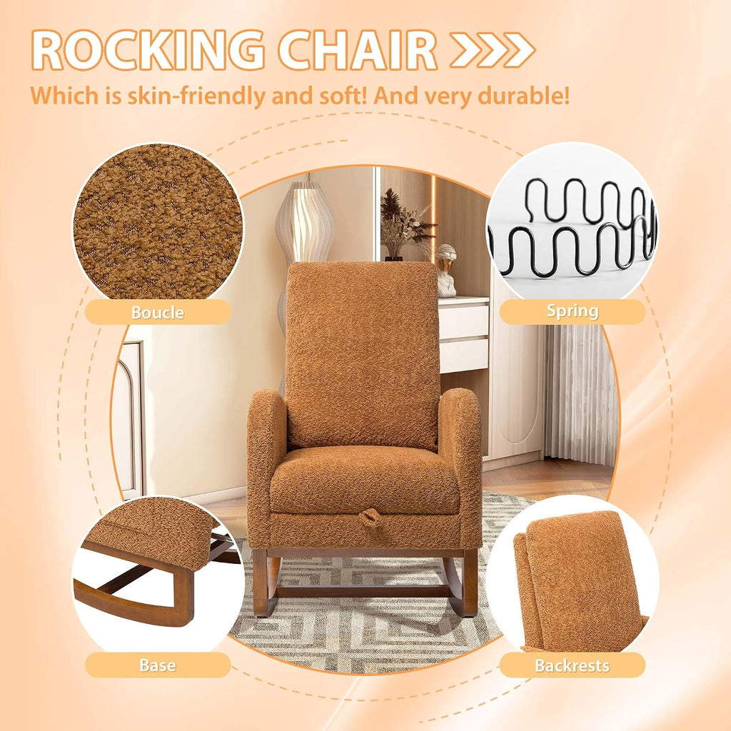 Aoiy & Wifon Rocking Chair Nursery, Modern Nursery Rocking Chairs with Side Pocket & Footrest, Upholstered Rocking Chair Nursery Glider, Boucle, Caramel