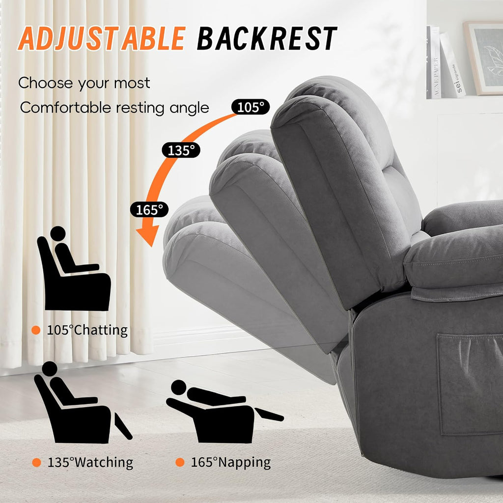 360°Swivel Rocker Recliner Chair for Adults,Manual Glider Recliner Sofa with Massage and Heating, Nursery Rocking Chairs with Cup Holds for Living Room Bedroom (Grey)