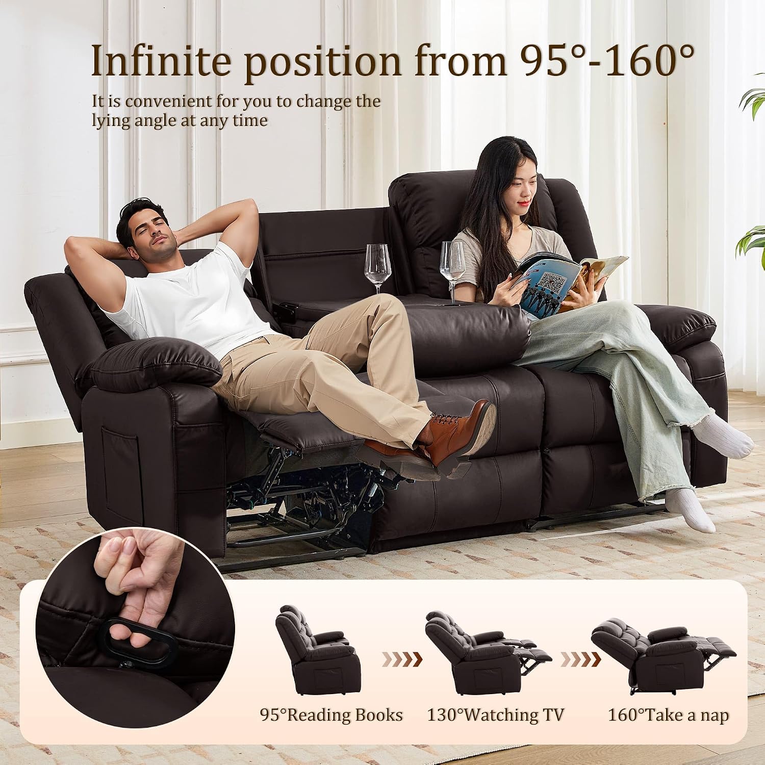 Korser Recliner Sofa, Reclining Loveseat with Console, Oversized Reclining Couch with Drop Down Table, 3-Seater Sofa with Cup Holder and Recessed Power Strip, Brown