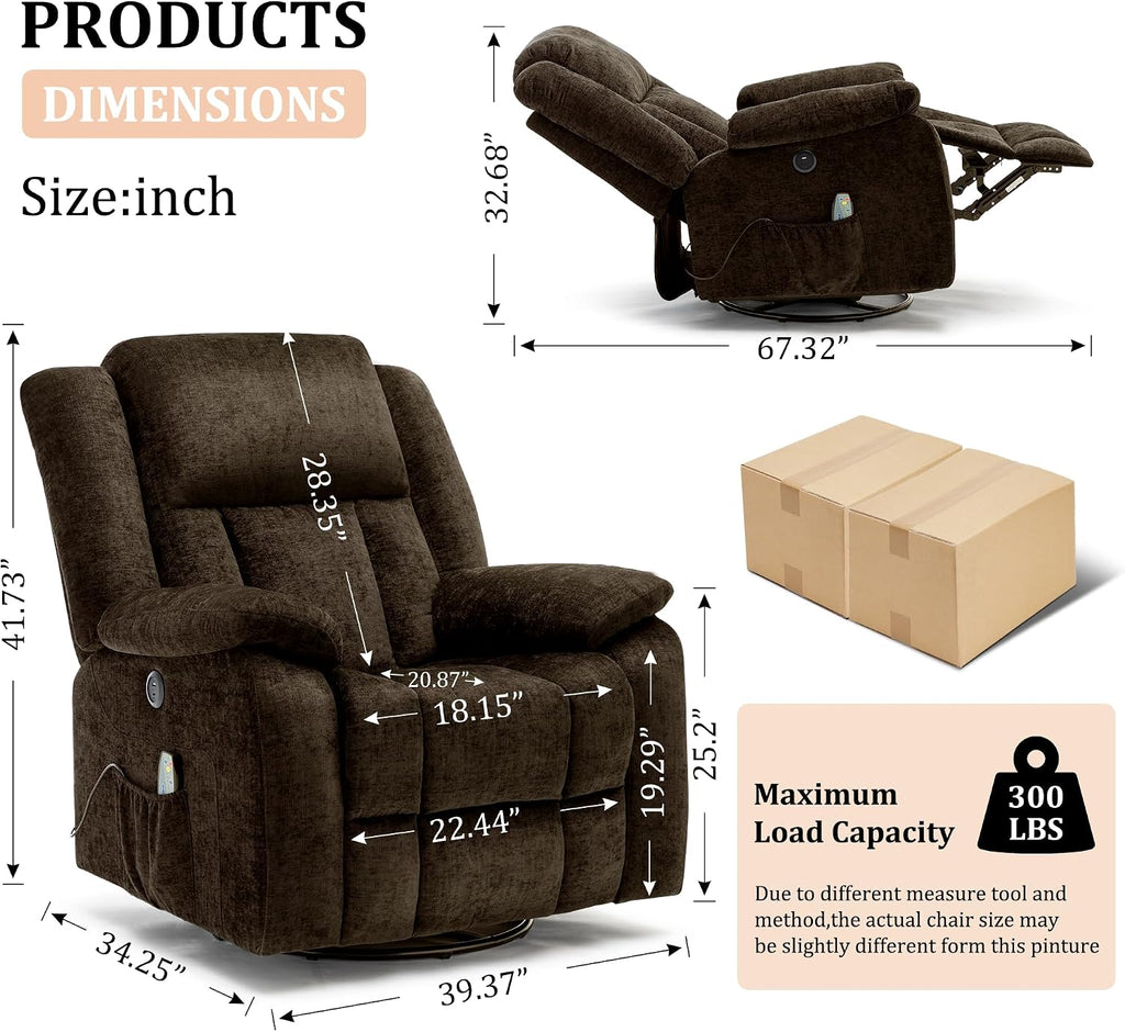 Korser Rocker Recliner Chair, Glider Recliner Chairs for Adults, 360° Swivel Recliner with Massage and Heating, Rocking Recliner Chair with Side Pockets and USB for Living Room, Bedroom, Nursery