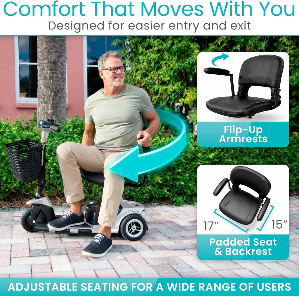 Vive 3 Wheel Mobility Scooter - Electric Powered Mobile Wheelchair Device for Adults - Folding, Collapsible and Compact for Travel - Long Range Power Extended Battery with Charger and Basket Included