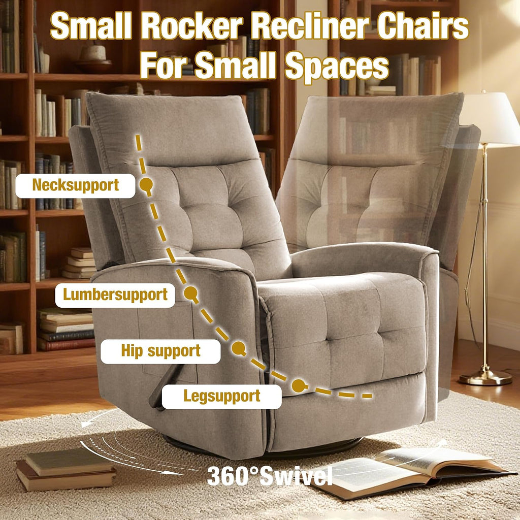 Swivel Rocker Recliner Chair for Adults, Glider Rocking Chair for Nursery, Small Recliner Chair for Small Spaces, RV, Living Room(Brown)