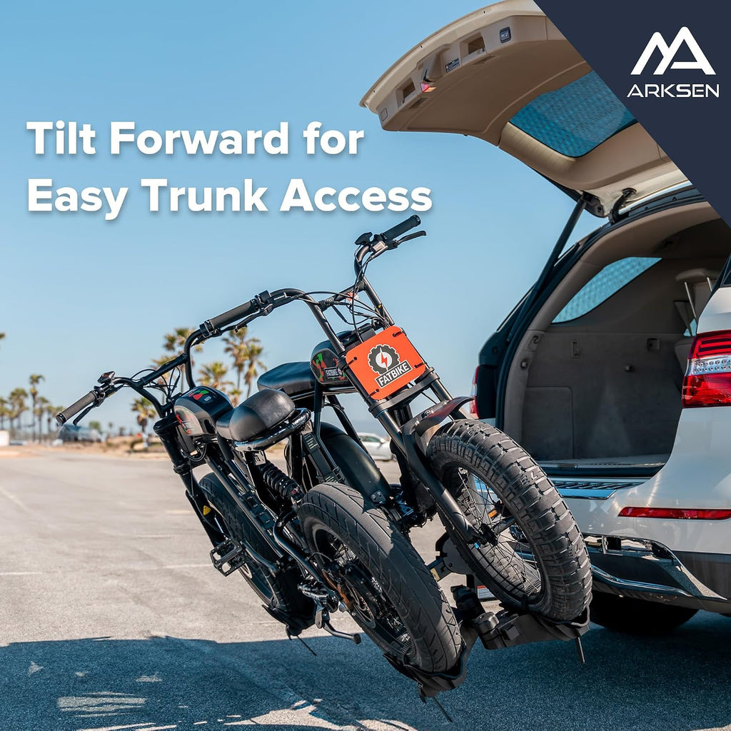 ARKSEN Ebike Hitch Rack, 2-Bike Foldable Platform Hitch Mount Carrier w/Smart Tilting & Quick Release, Holds Electric Bikes 85 lbs Each (170 lbs Total), Fits 2' Receiver for SUV, Truck & RV, Fat Tire