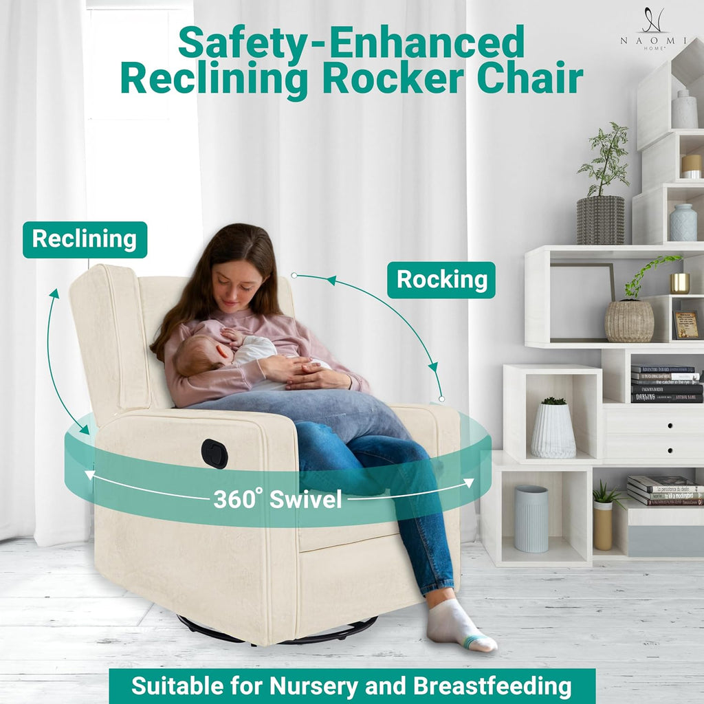 Naomi Home Nursing Chair for Breastfeeding and Bonding, 360° Swivel Rocker Recliner with Adjustable Recline Range, Ergonomic Lumbar Support, Adjustable Footrest, Easy Assembly, Soft Microfiber Fabric