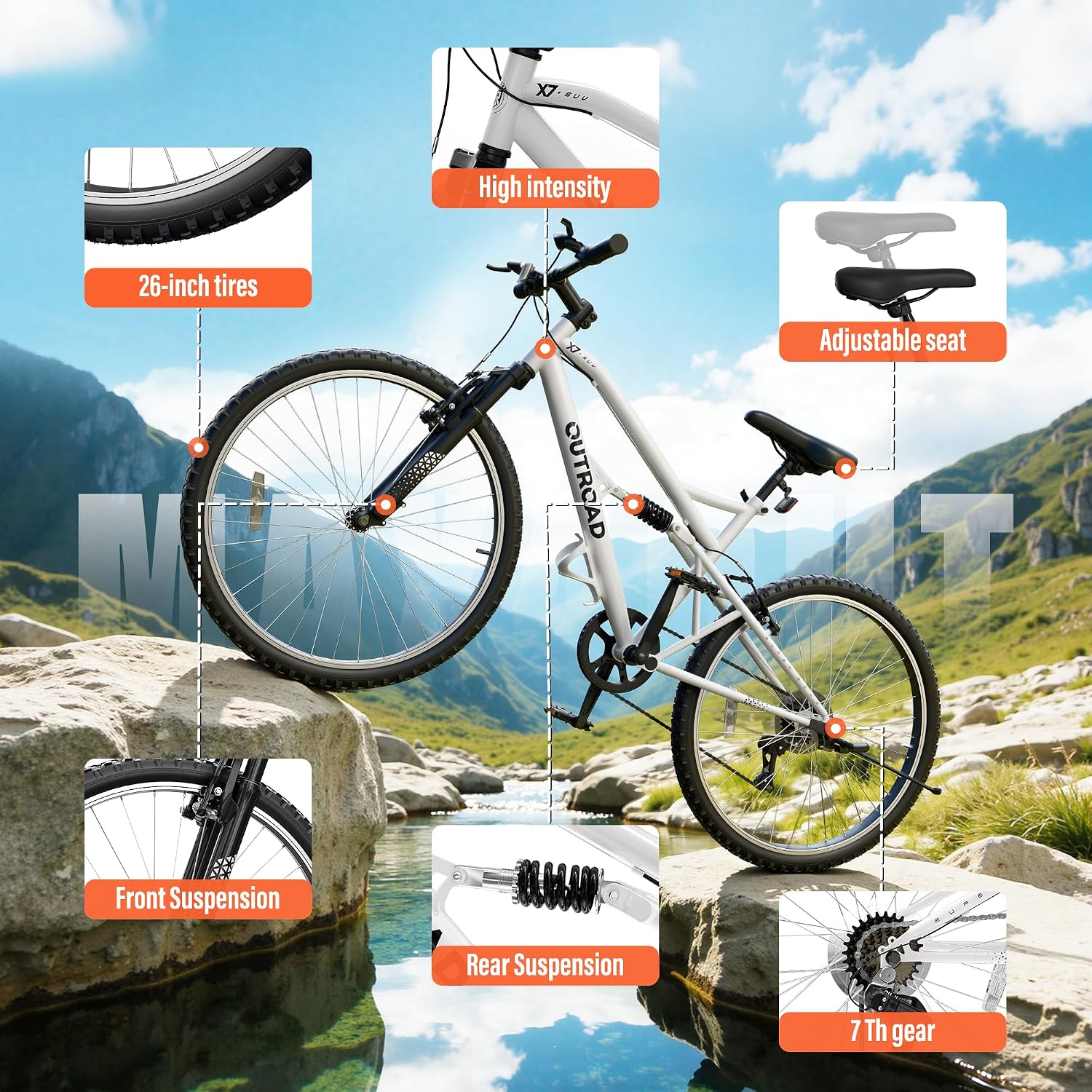 Betterland 26 Inch Mountain Bike with Adjustable Ergonomic Seat, 7/21 Speed Adult Bike with Dual V Brakes, Outdoor Cycling Bike with High Carbon Steel Frame and Front Suspension