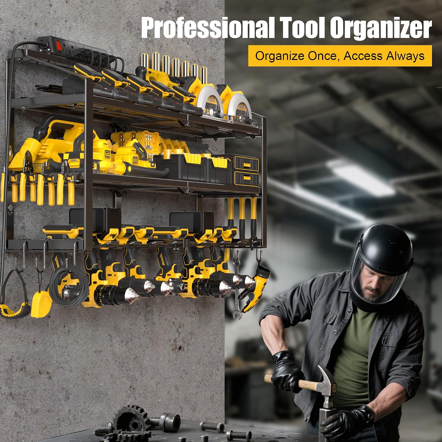 Spampur Power Tool Organizer Wall Mount with Charging Station, 3 Layers Storage Rack with 8 Cordless Drill Hangers, Tool Battery Holder Built in 6 Outlet Power Strip, Utility Racks for Garage Workshop